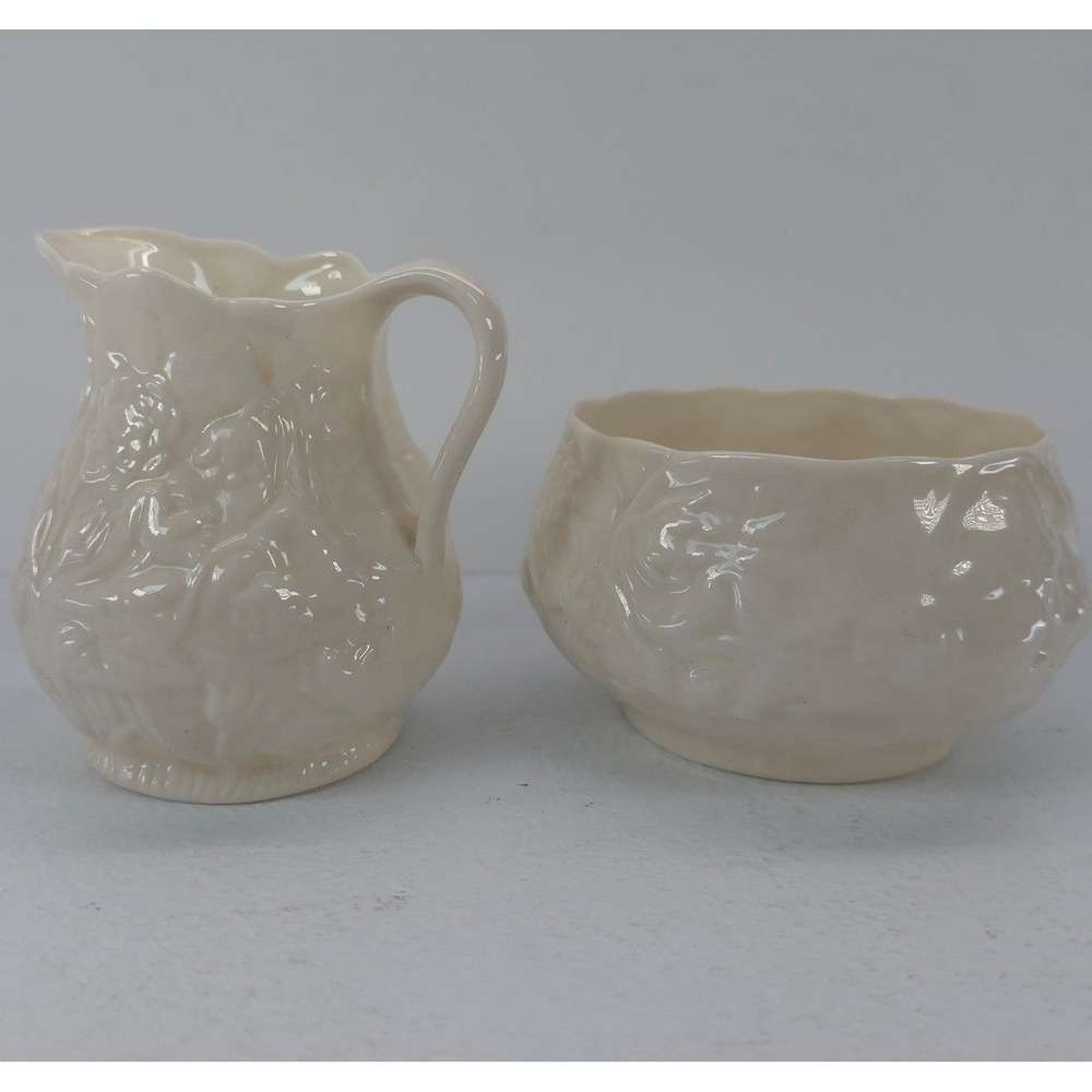 Belleek Ireland Limpet Creamer and Sugar Bowl Set Ivory Parian China Green Mark